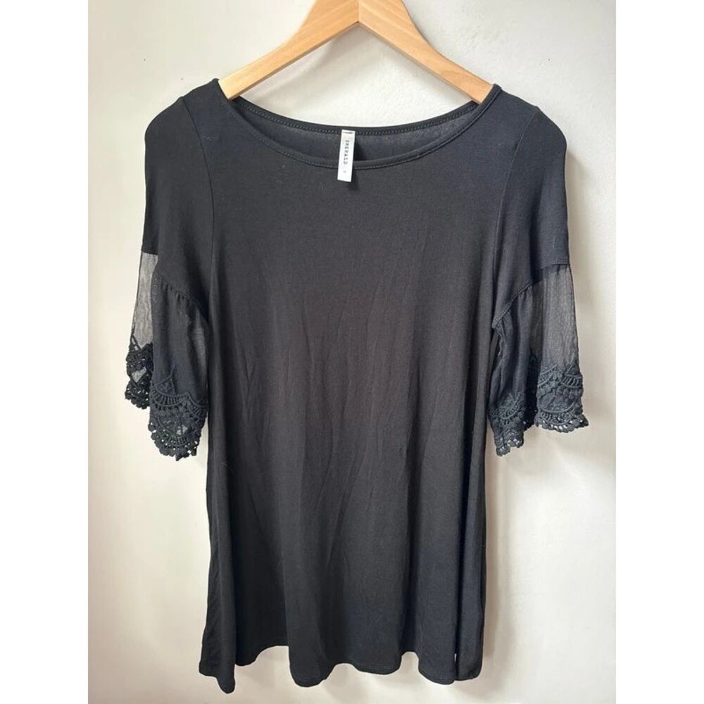 Emerald Black Lace Crochet Bell Sleeve Tunic Top
